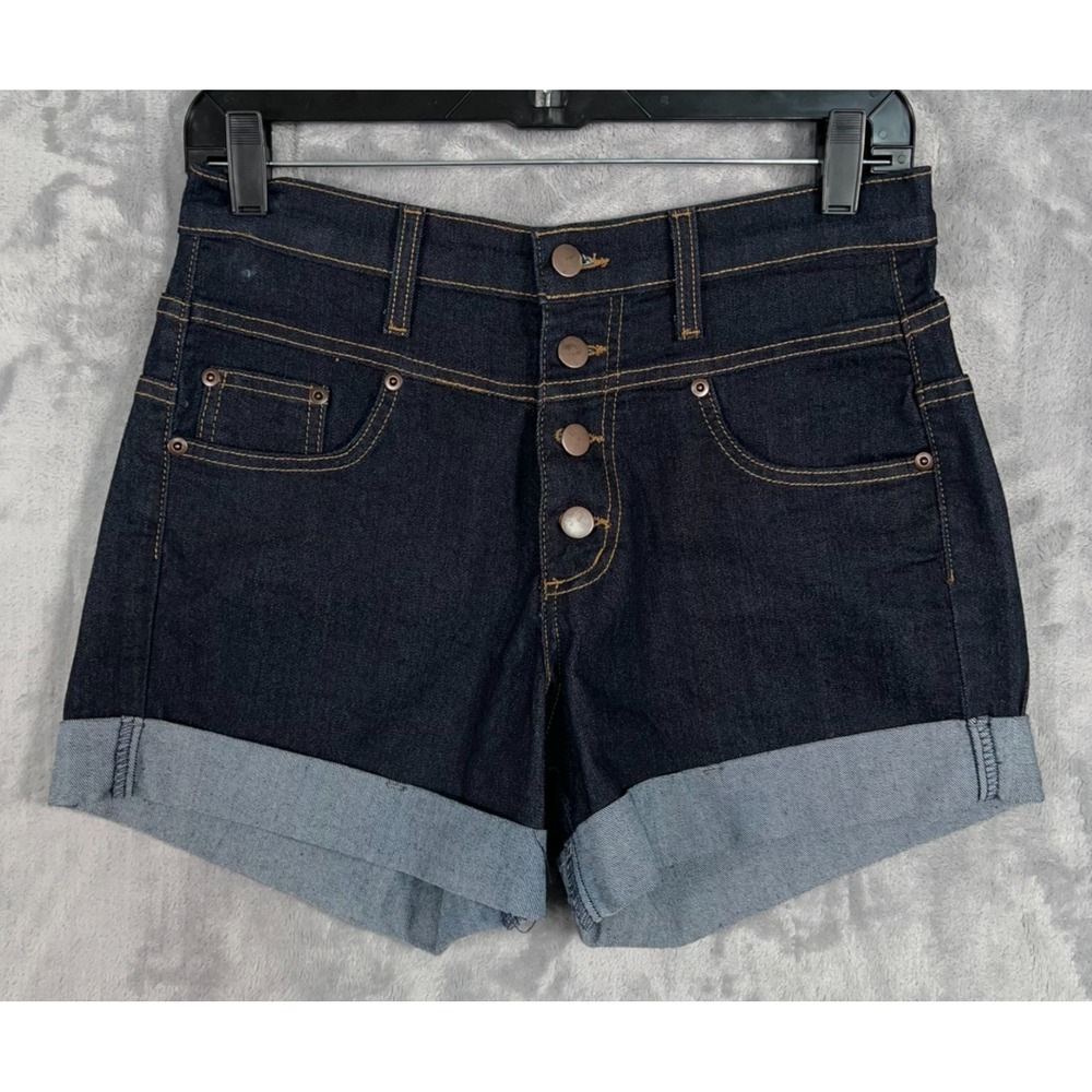 Judy Blue Denim Jean Shorts Womens Large Dark Blue Button Fly High Rise Cuffed